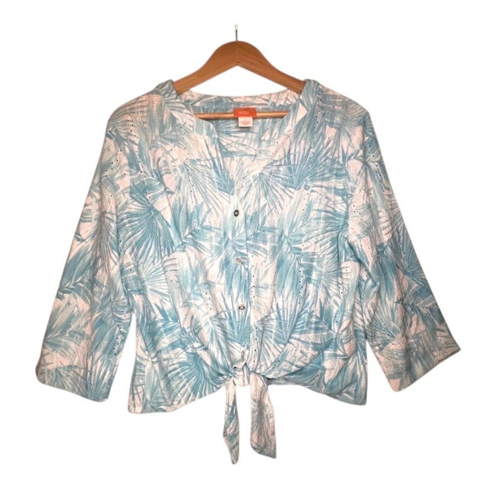 Coastal Tropical Eyelet Blouse Large Aqua Palm Print Tie Front Beachy Resort Top